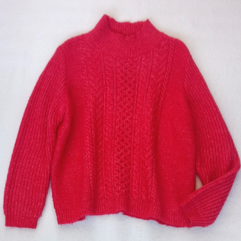 Loft Plus Red Women’s Soft Cable Knit Mock Neck Sweater